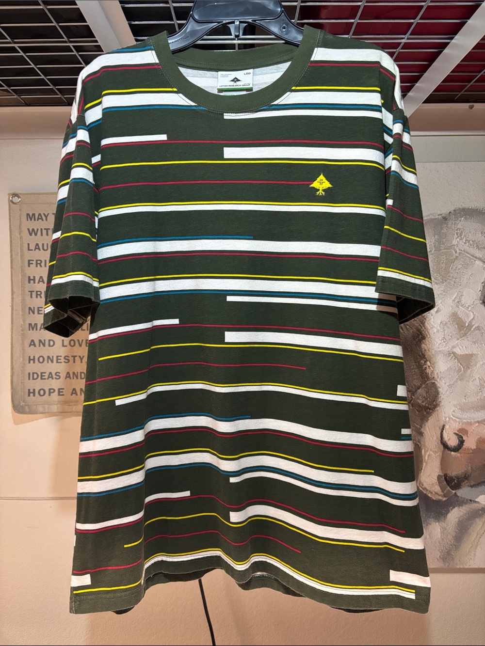Men's Lifted Research Group LRG Green and Yellow Striped T-Shirt Size Large
